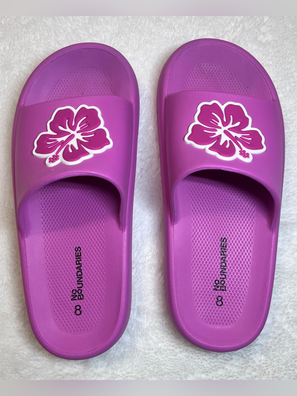 No Boundaries Kids' Bright Purple Slide Sandals with Hibiscus Accent